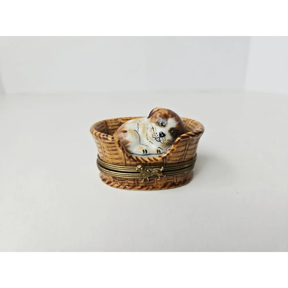Vintage Limoges France trinket box puppy dog in bed No 031